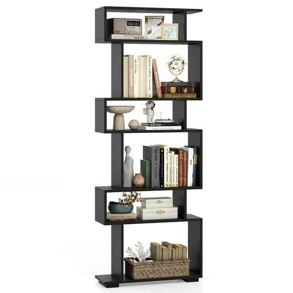 Costway 6-tier Storage Bookshelf S-shaped Geometric Bookcase with Anti-toppling Kits Black