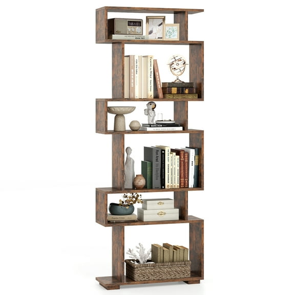 Costway 6-tier Storage Bookshelf S-shaped Geometric Bookcase with Anti-toppling Kits Brown