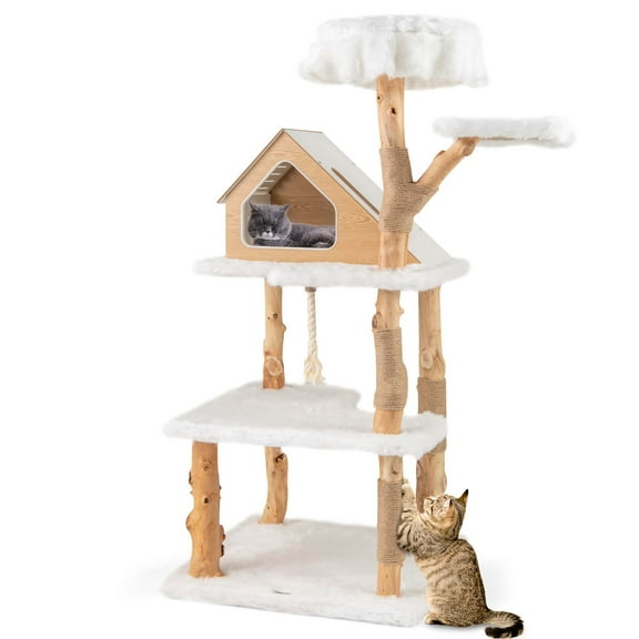 Costway 60" Tall Solid Wood Cat Tree with 2 Perches Condo Jute Scratching Posts Sisal Rope