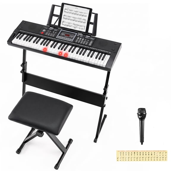 Costway 61 Key Keyboard Piano for Beginners with Stand, Stool, Lighted Keys, Microphone