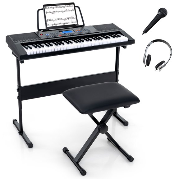 Costway 61 Keys Portable Electronic Keyboard Piano Set with Folding Bench 300 Timbres 300 Rhythms