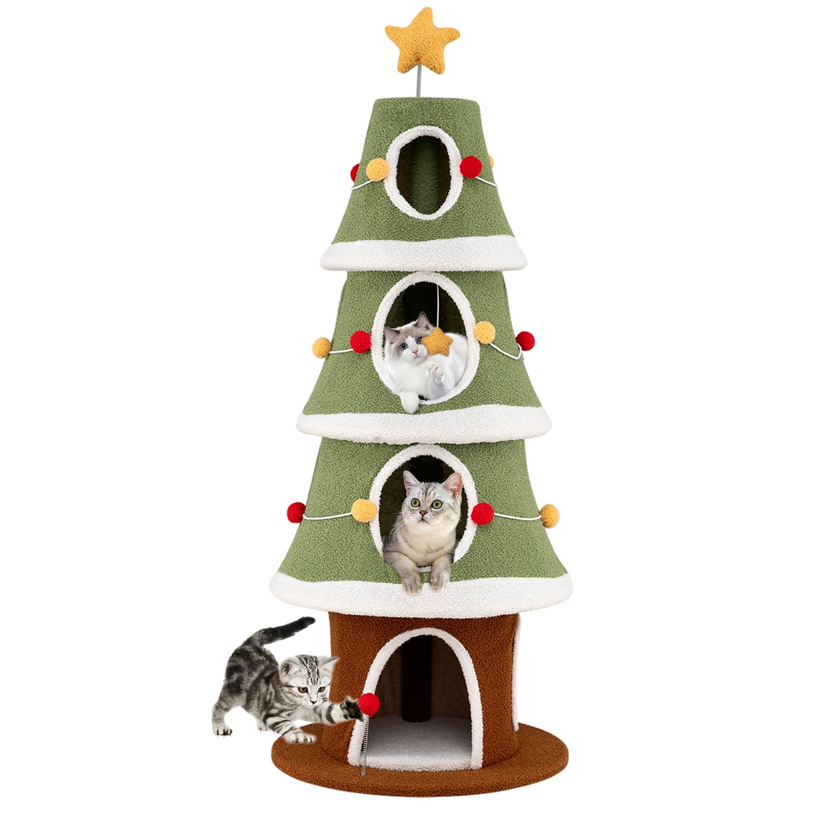 Costway 61”Large Christmas Cat Tree with 4 Condos, Sisal Carpet, Dangling Ball, Spring Toy