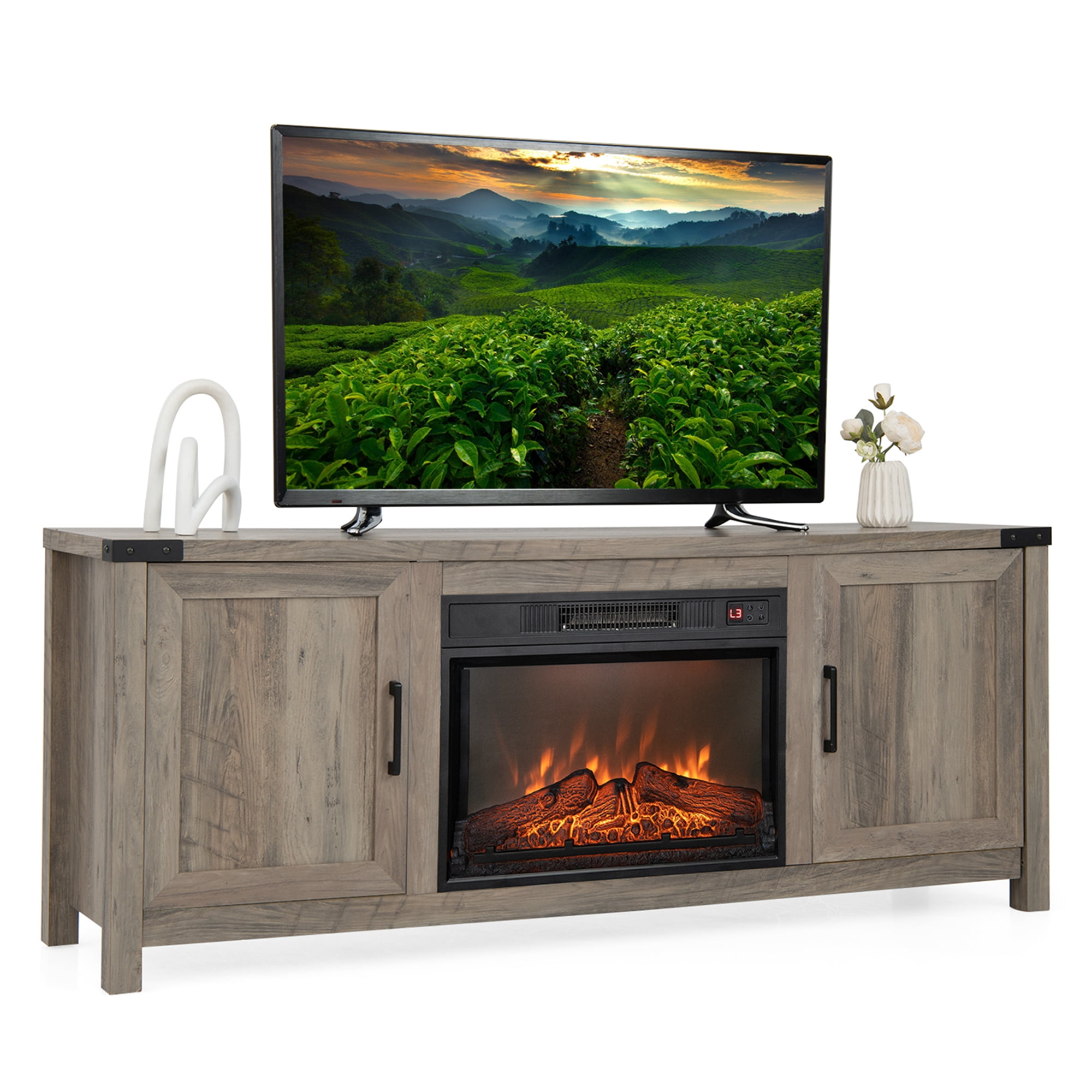 Costway 62'' Fireplace TV Stand Media Console Cabinet W/23'' Electric ...