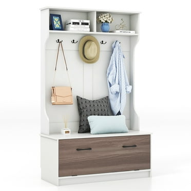 Costway Multifunctional Hall Tree with Coat Rack and Storage Bench, White, 63 Inches