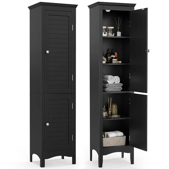 Costway Tall Bathroom Floor Cabinet Narrow Linen Tower with 2 Doors & Adjustable Shelf Black