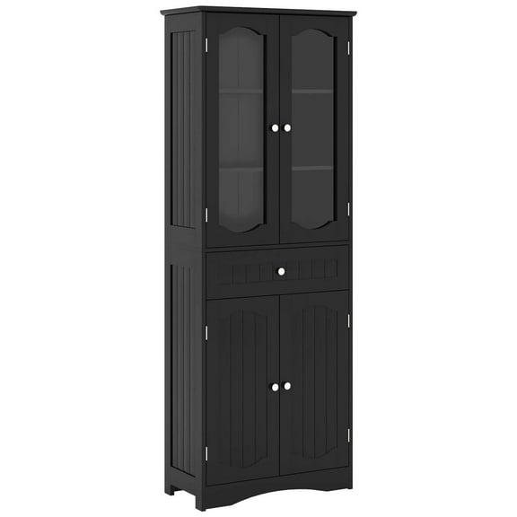 Costway 63" Tall Bathroom Cabinet with Tempered Glass Doors Adjustable Shelves Large Drawer Black