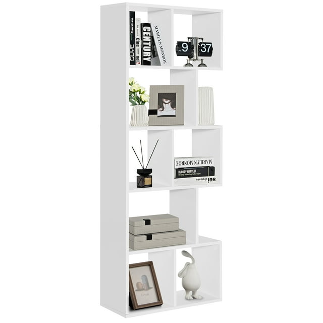 Costway 63'' Wooden 5-Tier Geometric Bookshelf S-shaped Display Shelf Stand Room Divider White