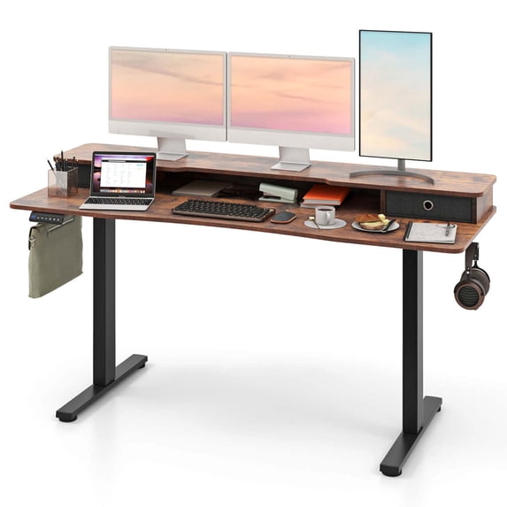 Costway 63" x 24" Electric Standing Desk with 2 Drawers Monitor Stand Storage Shelf Brown