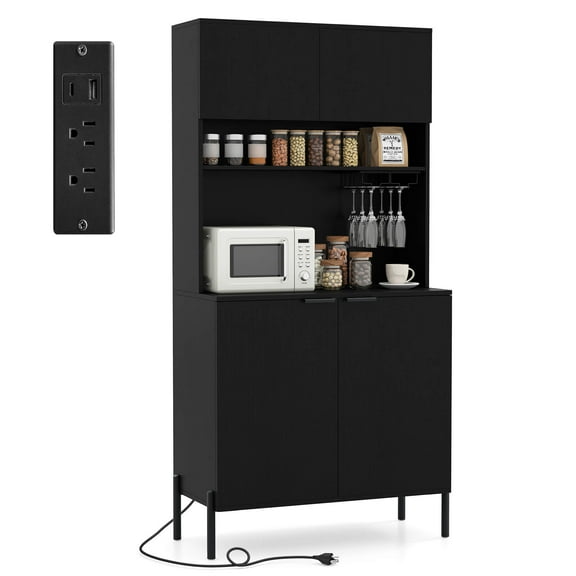 Costway 64.5” Kitchen Pantry Cabinet with Charging Station Wine Glass Rack Adjustable Shelf Black