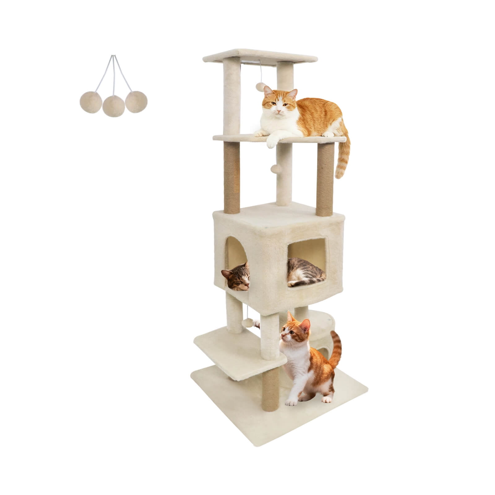 Costway 64” Tall Cat Tree with 2 Large Condos, Jute Scratching Posts, Plush Top Perch Beige