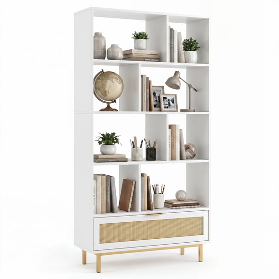 Costway 64” Tall Wooden Bookcase, 6-Tier Bookshelf with 8 Open Cubes, Rattan Drawer White