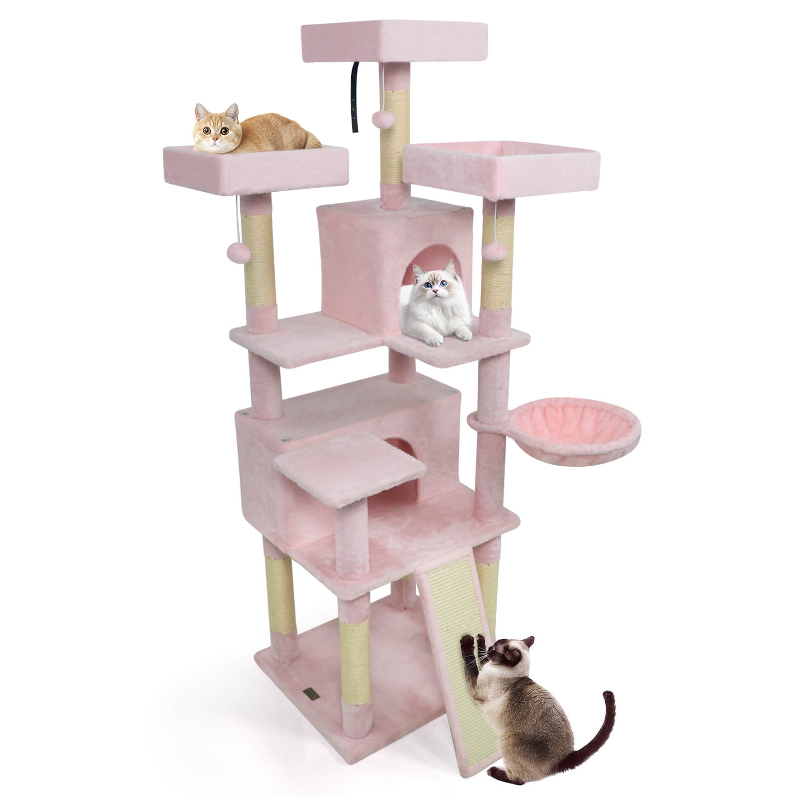 Costway 65” Tall Multi-level Cat Tree with 3 Upholstered Top Perch 2 Cat Condos Cat Basket Pink