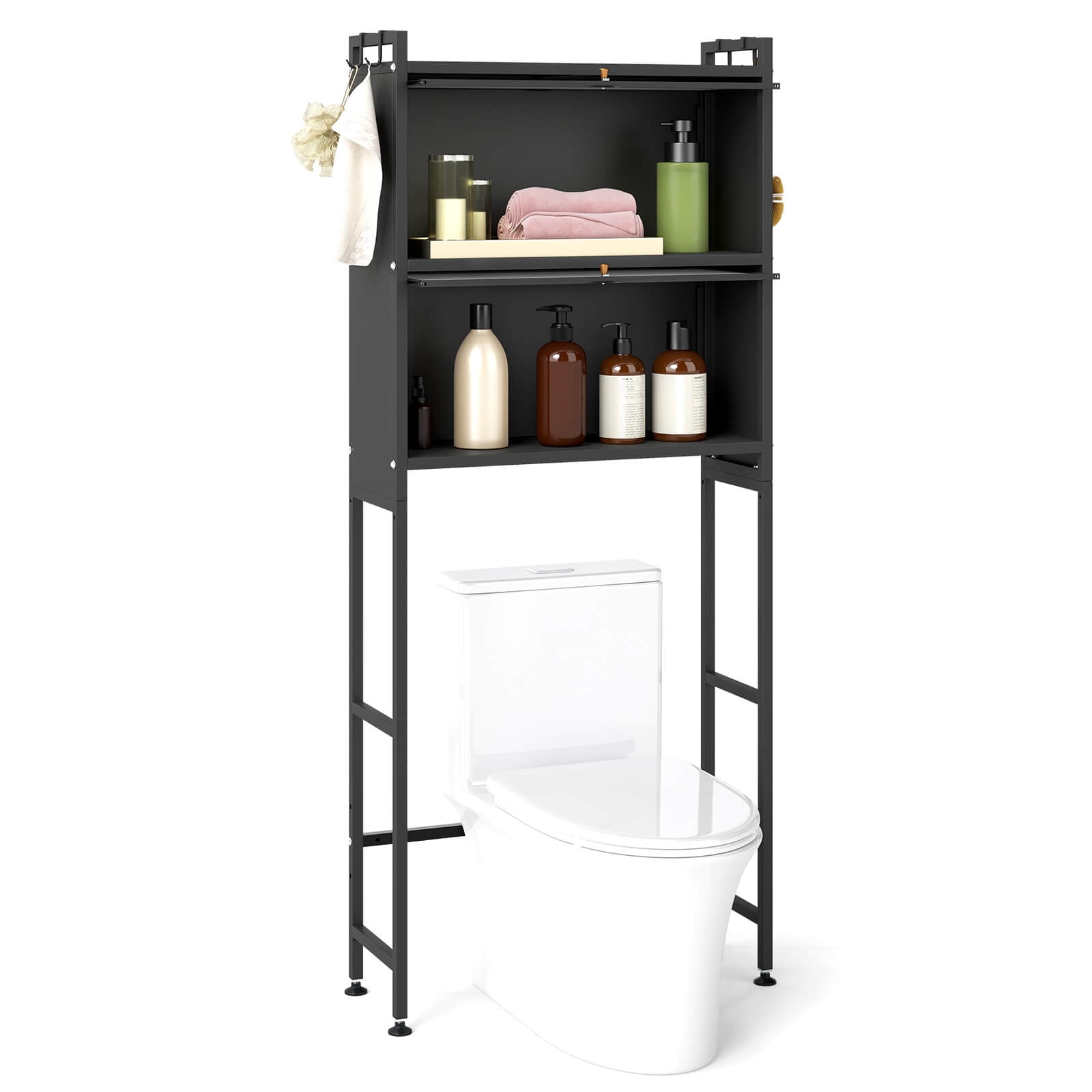 Costway 66” Bathroom Organizer with 2 Flip-up Cabinets, See-through Fluted Doors, 4 Hooks Black