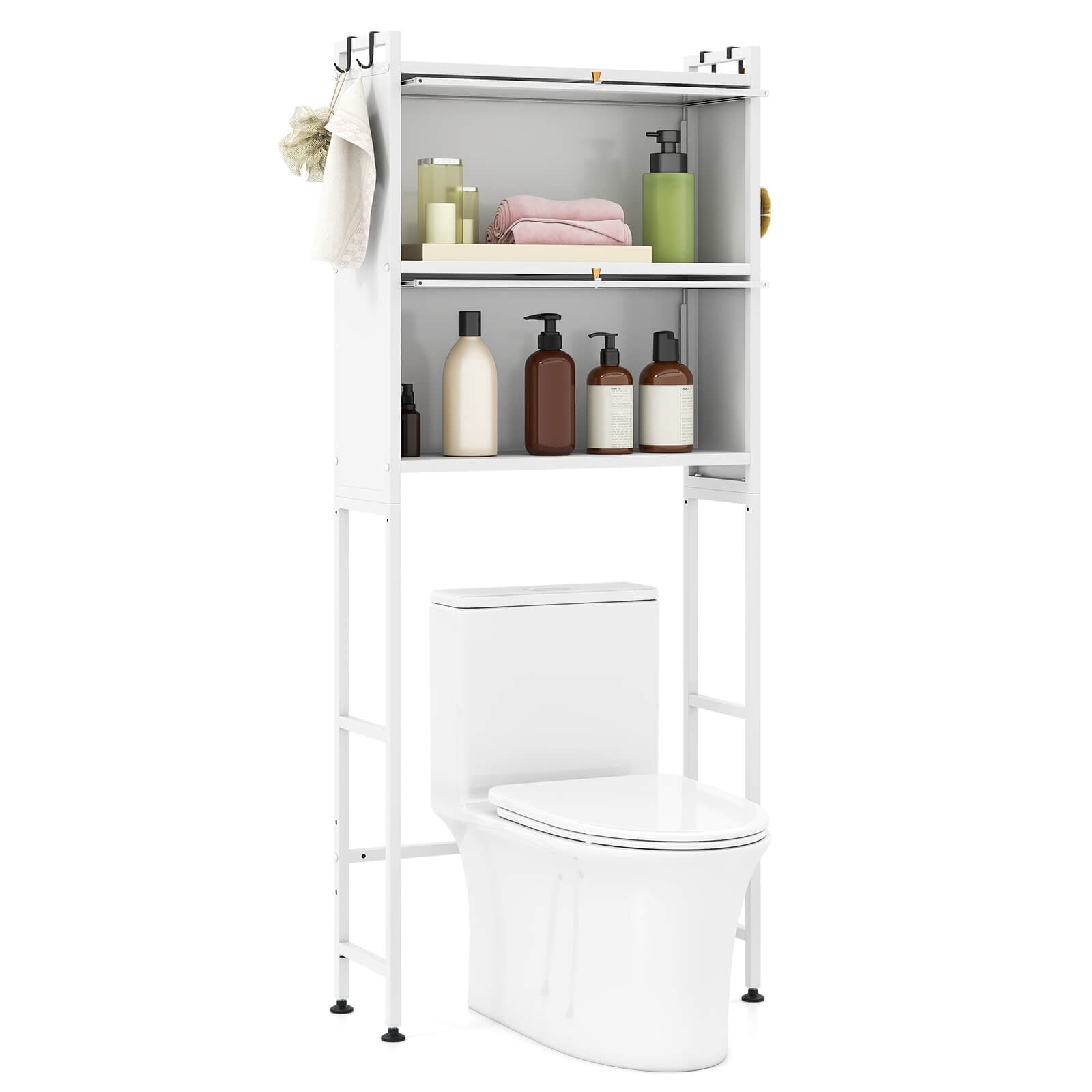 Costway 66” Bathroom Organizer with 2 Flip-up Cabinets, See-through Fluted Doors, 4 Hooks White