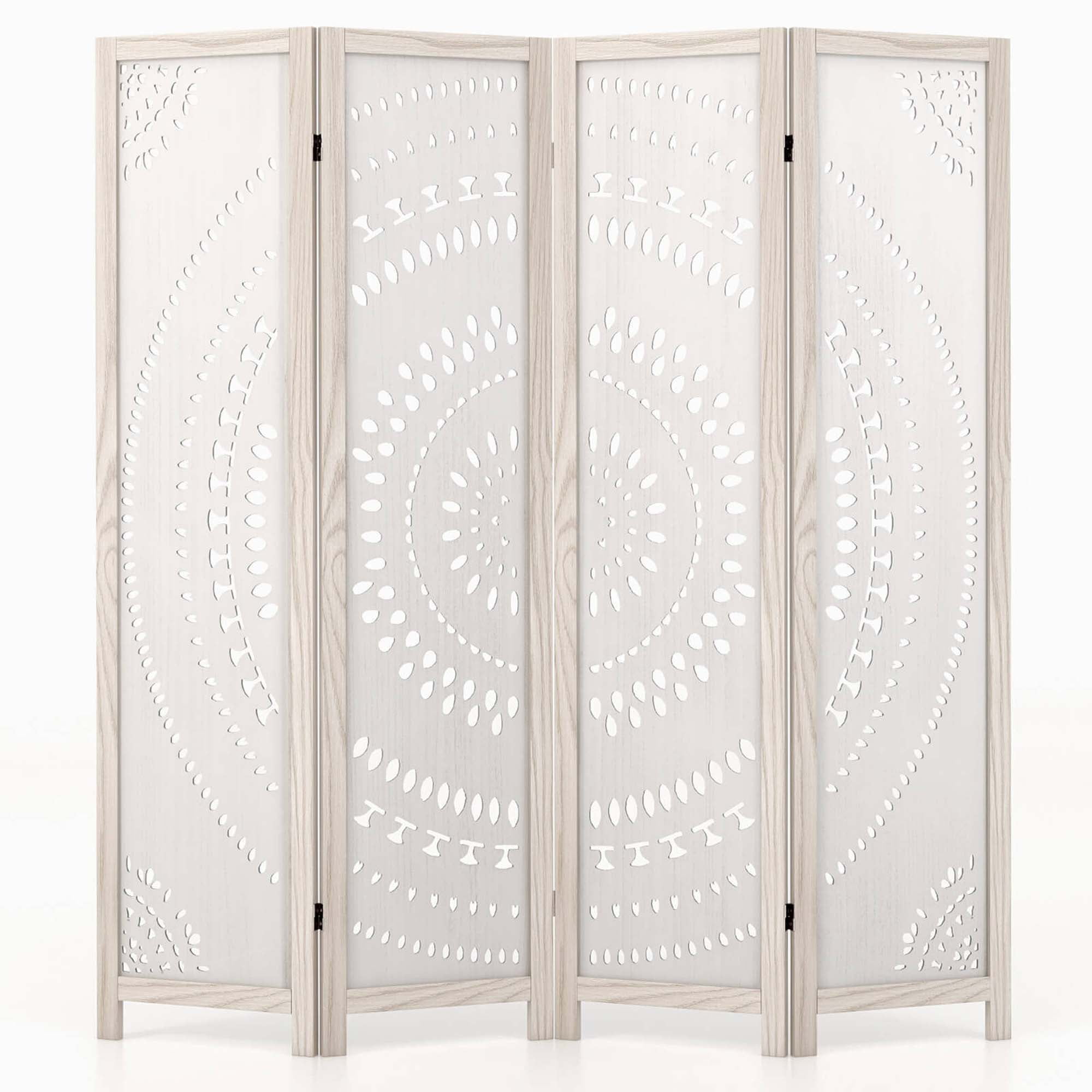 Costway 66" Boho 4-Panel Room Divider with Carved Pattern & Solid Wood Frame 360° Hinges