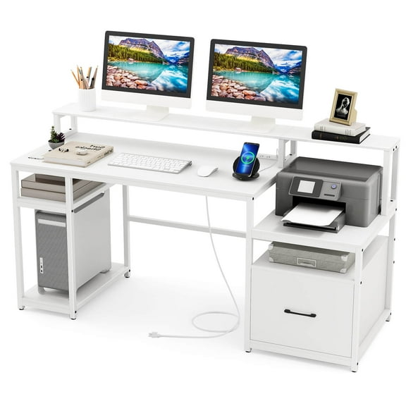 Costway 66" Computer Workstation with Monitor Stand CPU Stand Printer Shelf & File Drawer