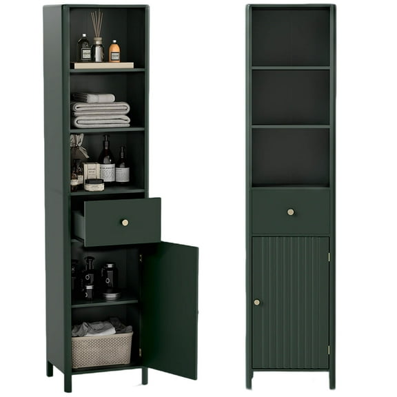 Costway 67” Tall Bathroom Cabinet with 3 Open Shelves, 1 Drawer, Adjustable Interior Shelf Green