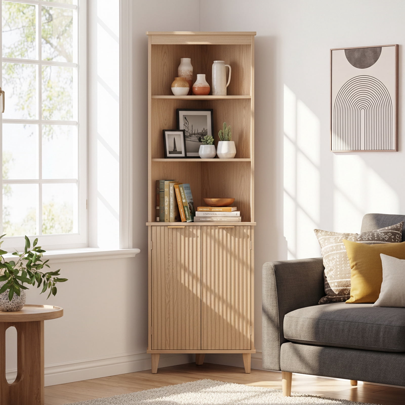 Costway 68" Tall Corner Bathroom Cabinet with Fluted Doors, 6-Tier Space Saver Bathroom Storage Cabinet Oak