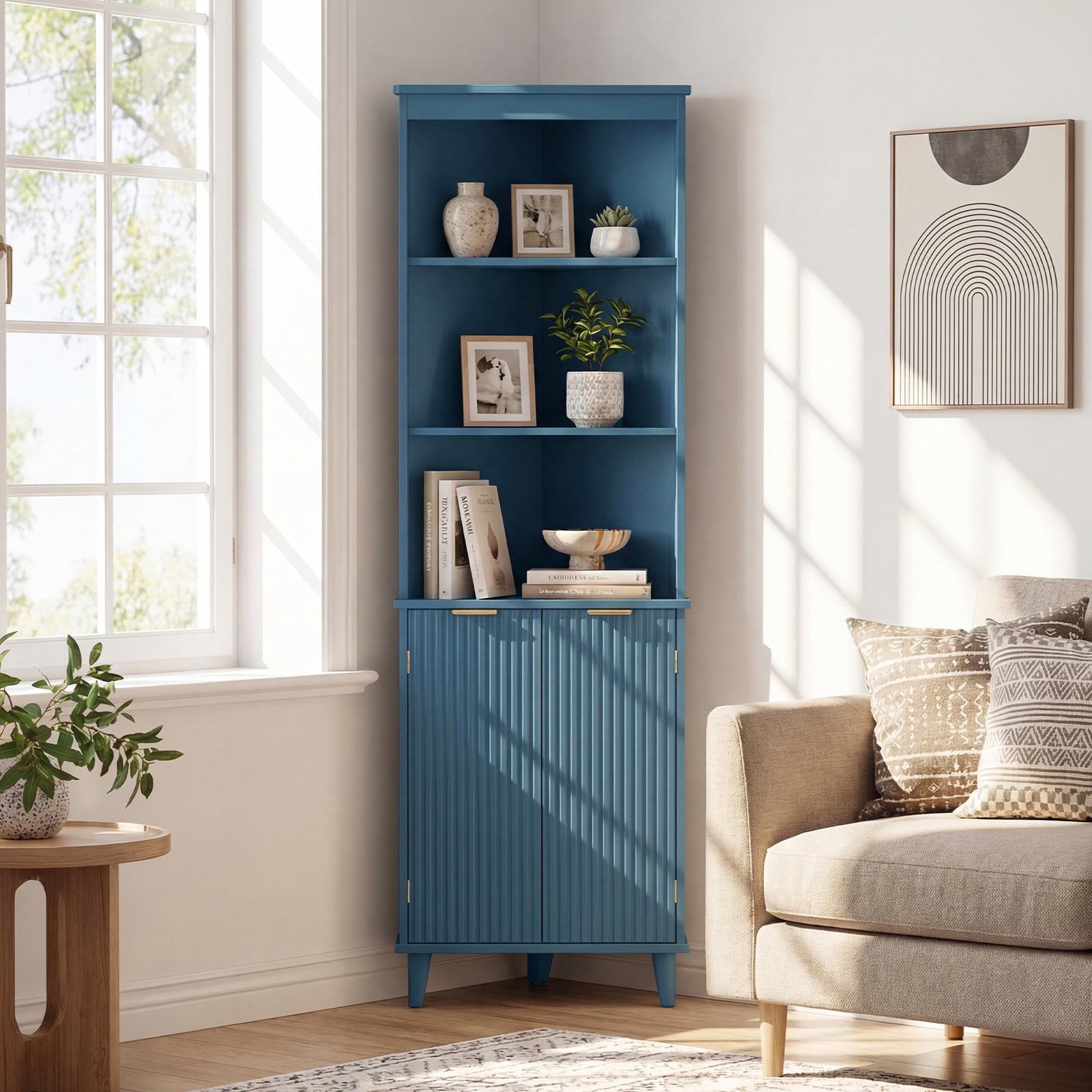 Costway 68" Tall Corner Bathroom Cabinet with Fluted Doors, Modern Bathroom Floor Storage Cabinet Blue