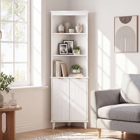 Costway 68" Tall Corner Cabinet with Fluted Doors, Modern Bathroom Floor Storage Cabinet White