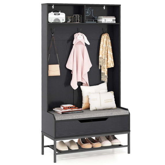 Costway 69" Tall Hall Tree with Seat Cushion Open Compartments Hooks Lift-top Storage Black