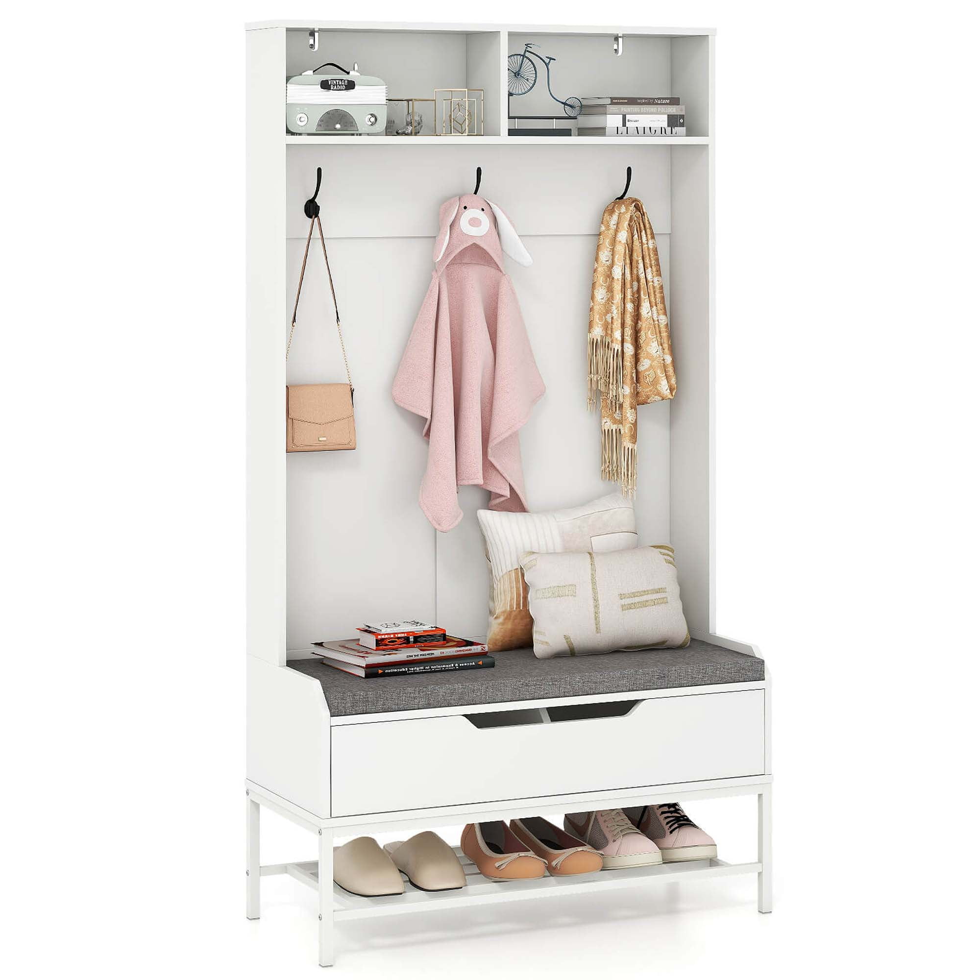 White Engineered Wood Hall Tree with Gray Seat Cushion and Storage