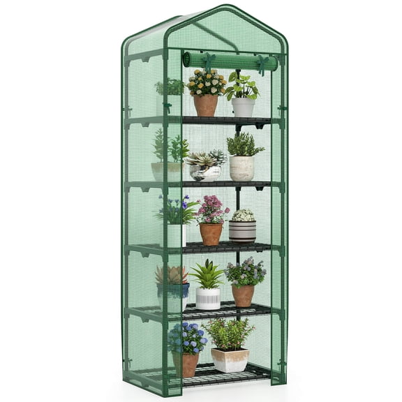 Costway 27” x 19” x 75” Mini Greenhouse with 5 Tier Shelves, PE Cover, Roll-Up Zipper Door Green
