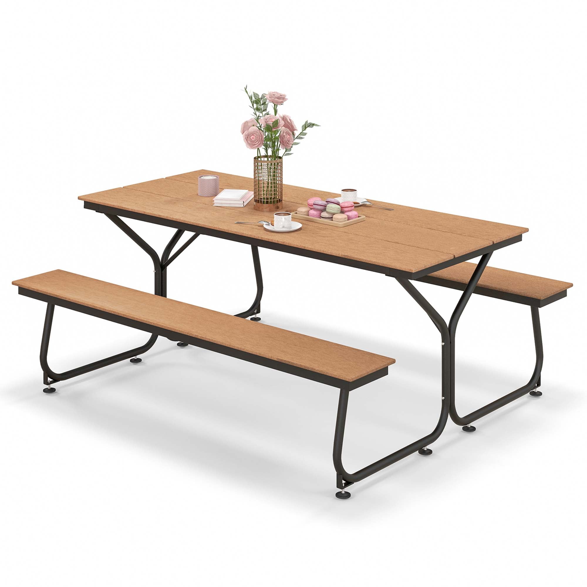 6FT Brown HDPE and Metal Outdoor Picnic Table Bench Set