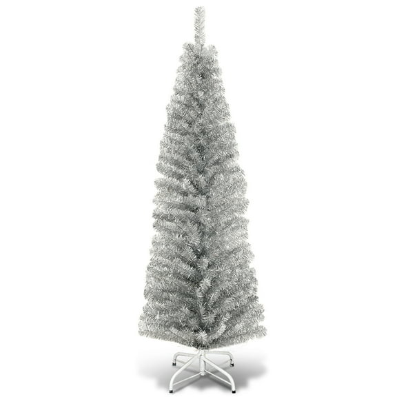 Costway 6FT Tinsel Tree Unlit Slim Pencil Christmas Tree Metal Silver