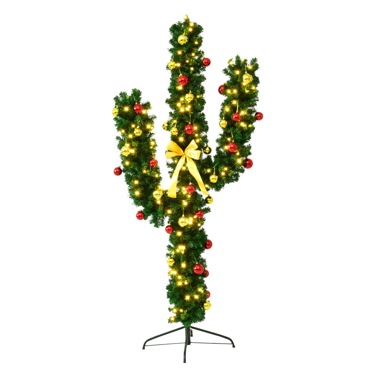 6-Foot Pre-Lit Green PVC Cactus Christmas Tree with LED Lights and Ornaments