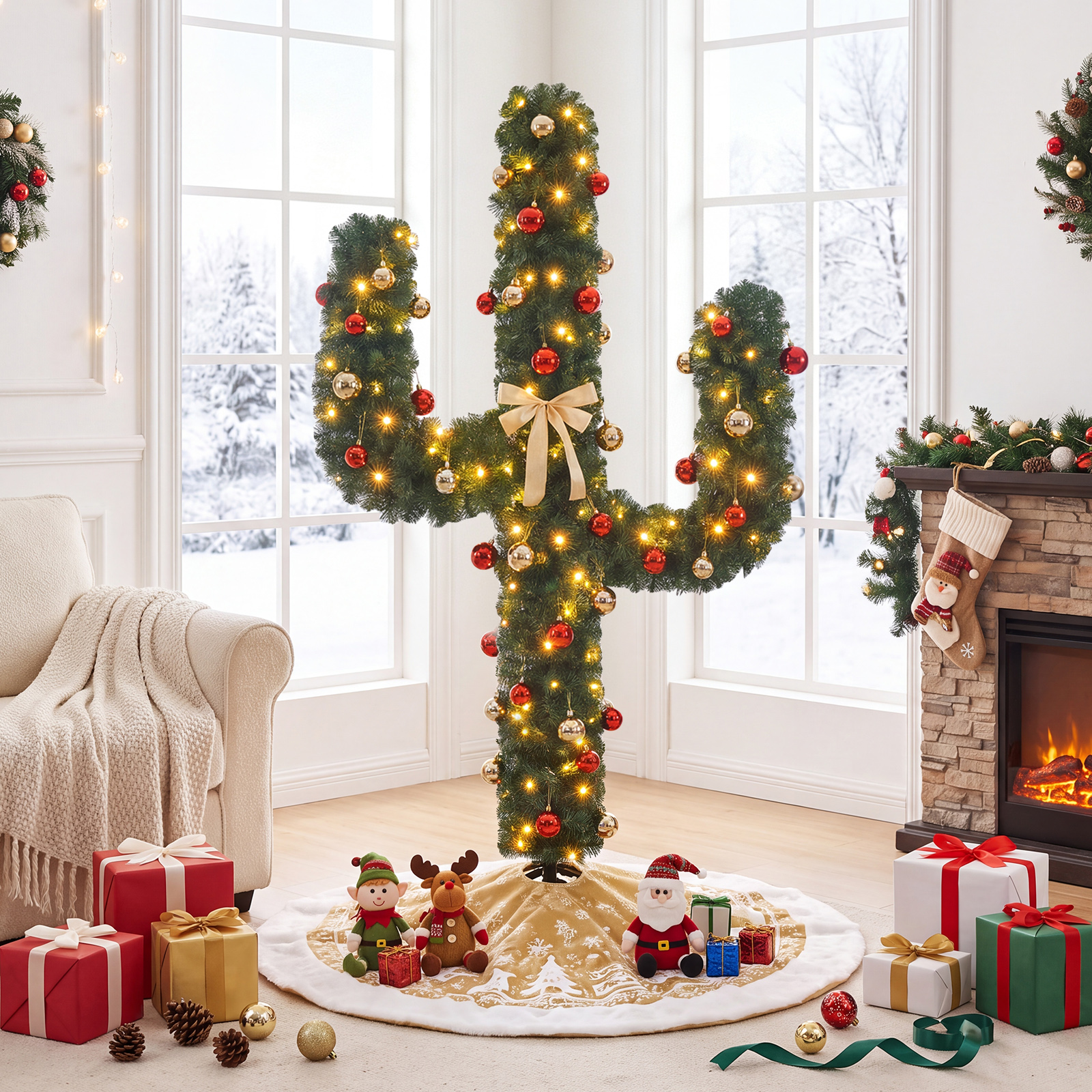 Costway 6 FT Pre-Lit Cactus Christmas Tree with 120 LED Lights Green