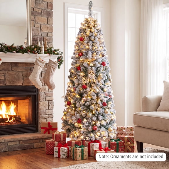 Costway 6 FT Pre-Lit Flocked Pencil Christmas Tree Hinged White