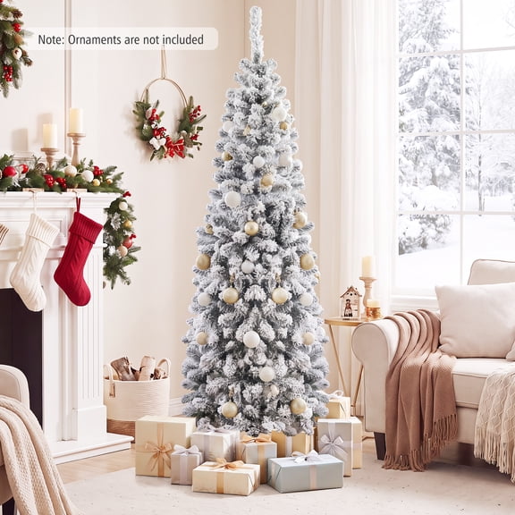 Costway 6 FT Unlit Flocked Pencil Christmas Tree Hinged with 500 Branch Tips