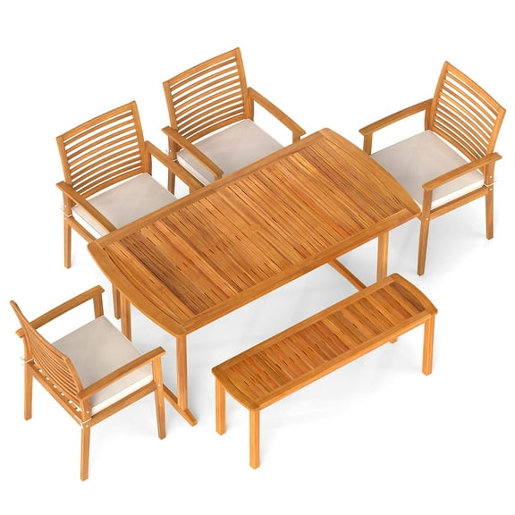 Costway 6PCS Outdoor Acacia Wood Dining Set Rectangle Dining Table with 4 Chairs & Bench