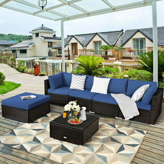 Costway 6PCS Outdoor Patio Rattan Furniture Set Cushioned Sectional Sofa Navy