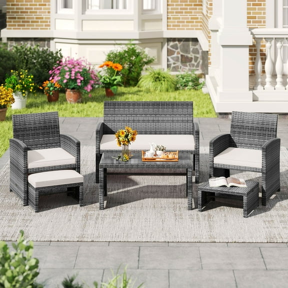 Costway 6PCS Patio Furniture Set Outdoor Sectional Conversation PE Rattan Sofa Set White