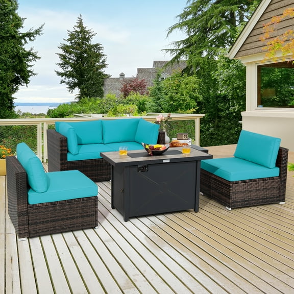 Costway 6PCS Patio Furniture Set Rattan Cushioned Gas Fire Pit Table Turquoise
