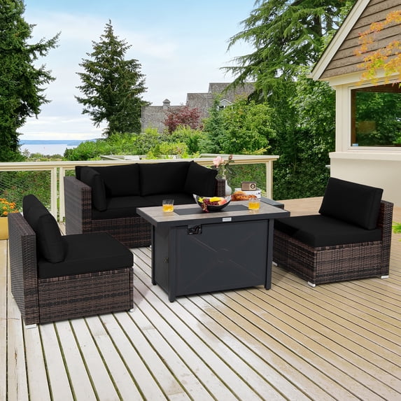 Costway 6PCS Patio Furniture Set Rattan Cushioned Sofa Gas Fire Pit Table Black