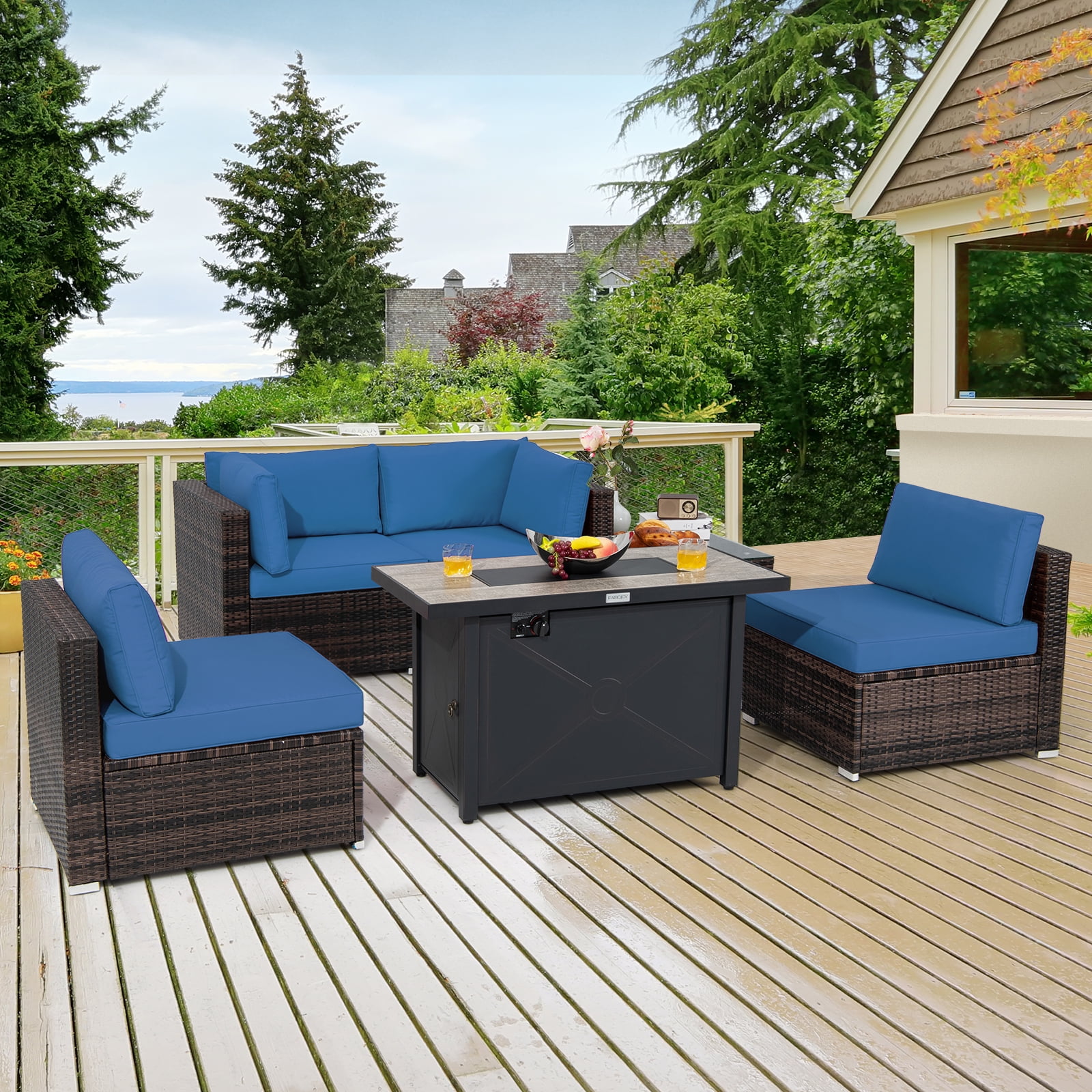 Costway 6PCS Patio Furniture Set Rattan Cushioned Sofa Gas Fire Pit Table Navy