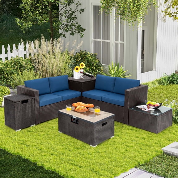 Costway 6PCS Patio Rattan Furniture Set 32'' Fire Pit Table Tank Holder with Cover Navy