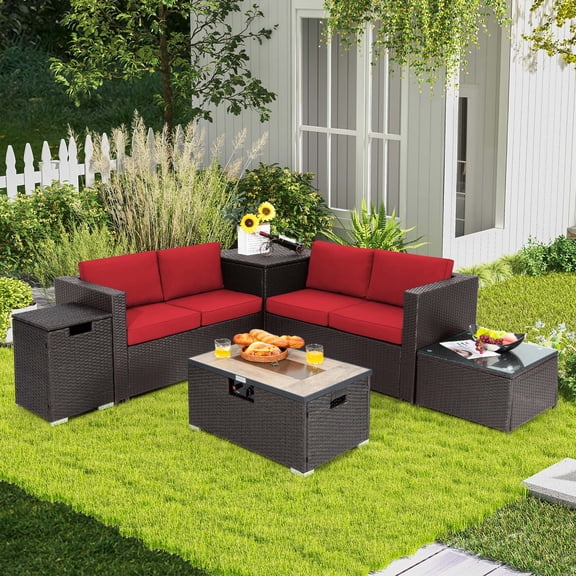 Costway 6PCS Patio Rattan Furniture Set 32'' Fire Pit Table Tank Holder Red