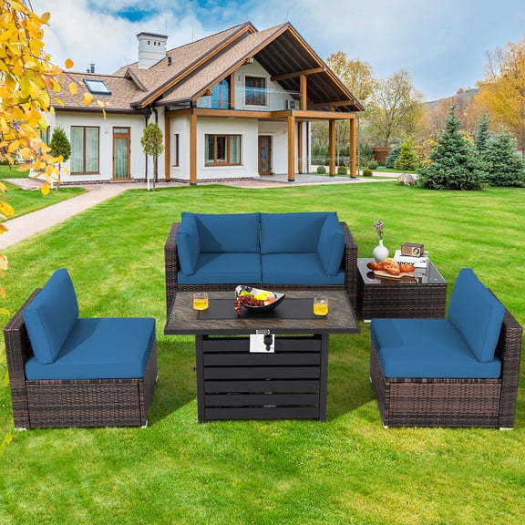 Costway 6PCS Patio Rattan Furniture Set 42'' Fire Pit Table Cover Sofa Cushion Navy