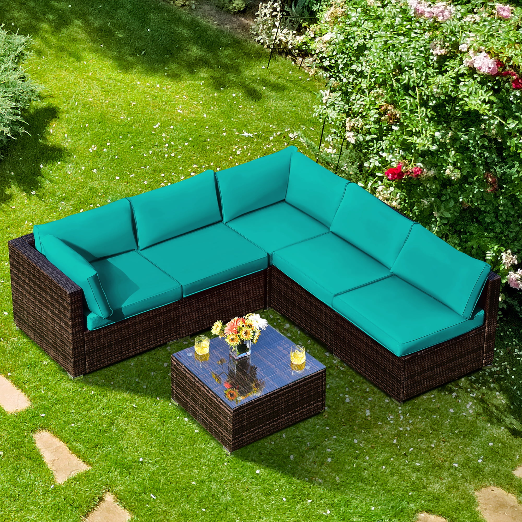 Costway 6PCS Patio Rattan Furniture Set Cushioned Sofa Coffee Table