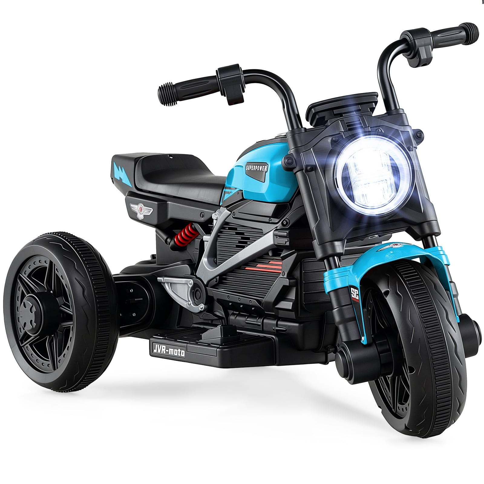 Costway 6V Kids Motorcycle with Song,Story,LED Headlights,Accelerator Pedal & 3 Wheels, Blue & Black
