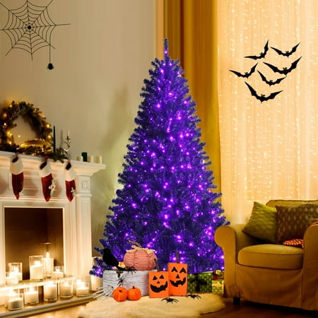 Costway - 6ft Pre-lit PVC Christmas Halloween Tree w/ 250 Purple LED Lights - Black
