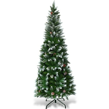 Costway 6ft Snow Flocked Unlit Pencil Christmas Tree Hinged Pine Cones