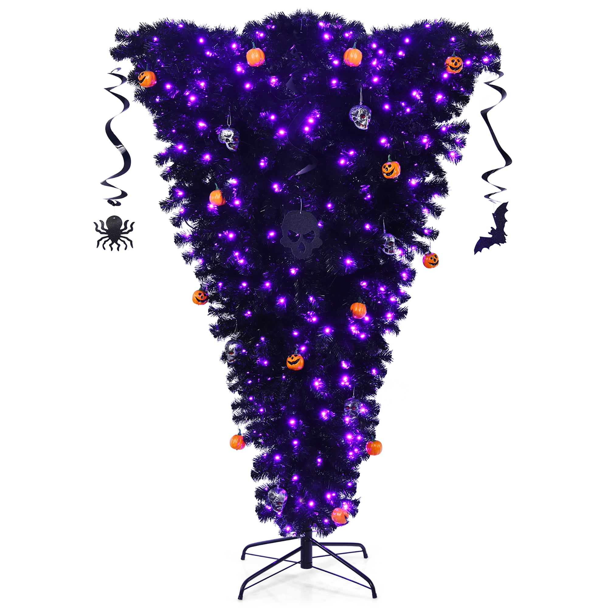 Costway 6ft Upside Down Christmas Halloween Tree Black w/270 Purple LED ...