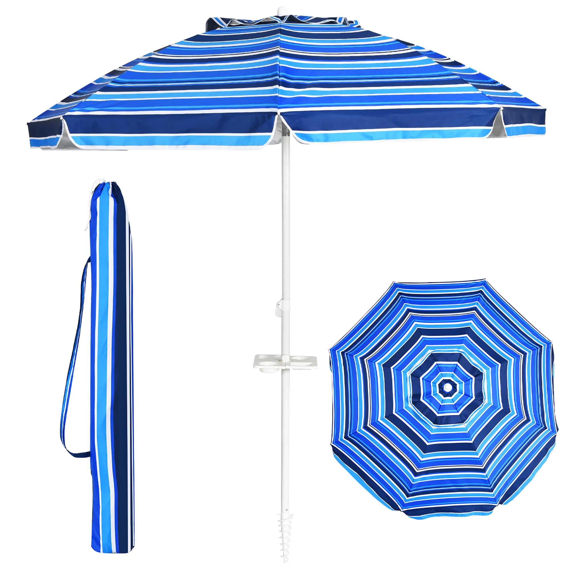 Costway 7.2 FT Portable Beach Umbrella Tilt Sand Anchor Cup Holder W/Carry  Bag Navy Blue 