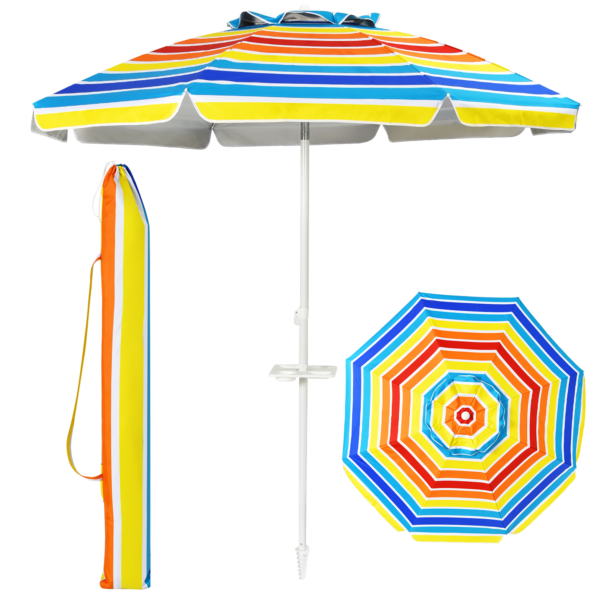 Costway 7.2 FT Portable Beach Umbrella Tilt Sand Anchor Cup Holder W/Carry Bag Rainbow - image 1 of 9