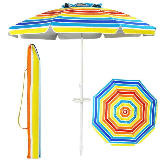 Costway 7.2 FT Portable Beach Umbrella Tilt Sand Anchor Cup Holder W/Carry Bag Rainbow